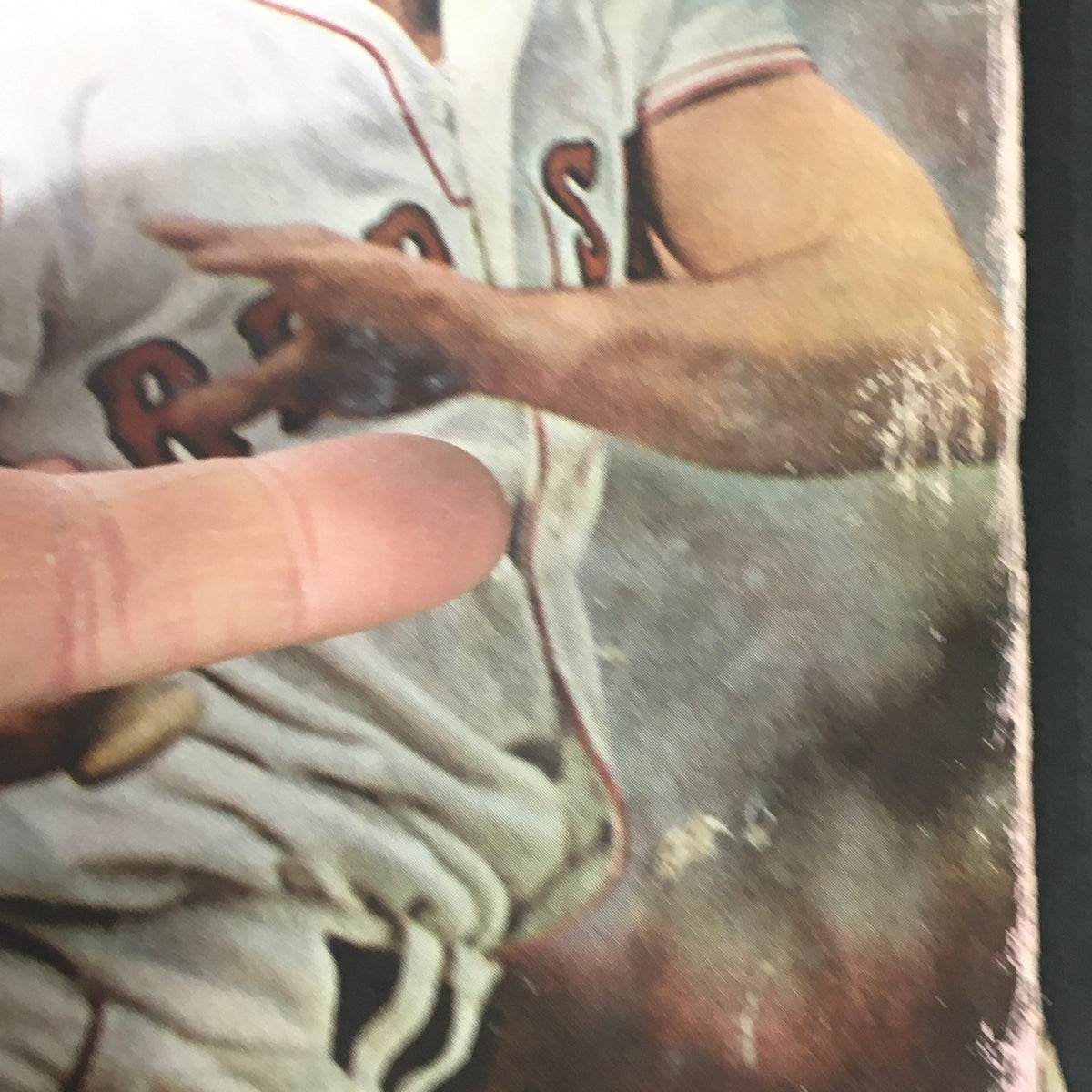 Close-up view of the worn cover of the VTG Sport Magazine June 1968 Vol 45 #6 with Boston Red Sox's Carl Yastrzemski, showing details of the magazine's condition.