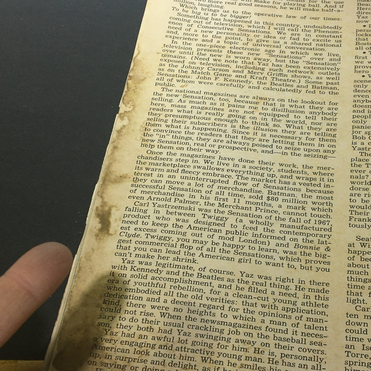 A worn page from the VTG Sport Magazine June 1968, showcasing text related to Carl Yastrzemski and its historical context within sports.