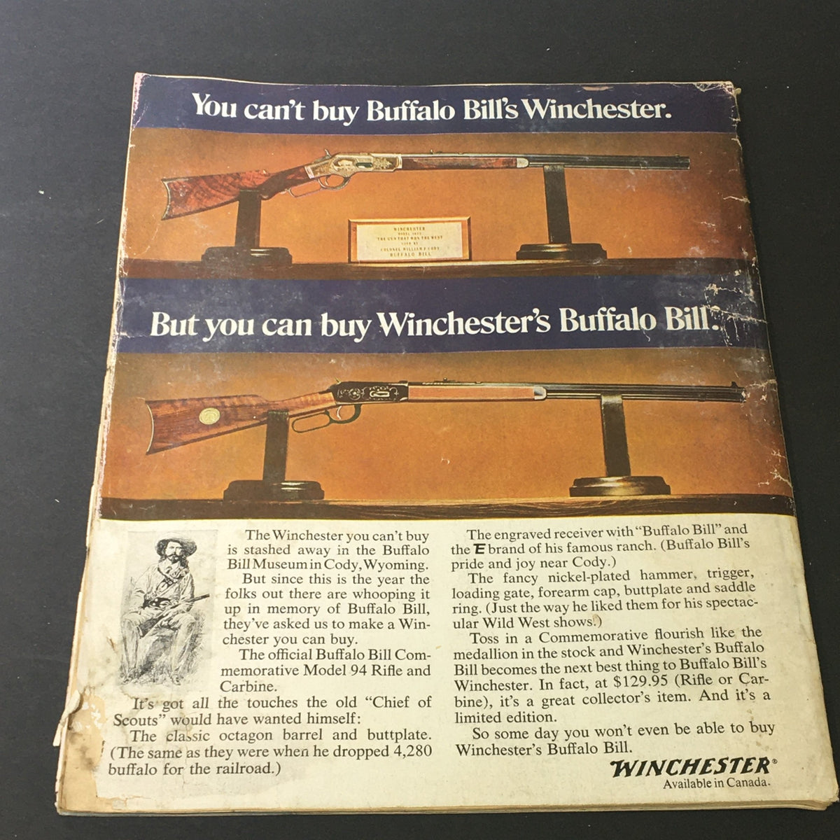 Back cover of VTG Sport Magazine June 1968 featuring an advertisement for Winchester's Buffalo Bill alongside the magazine's worn condition.