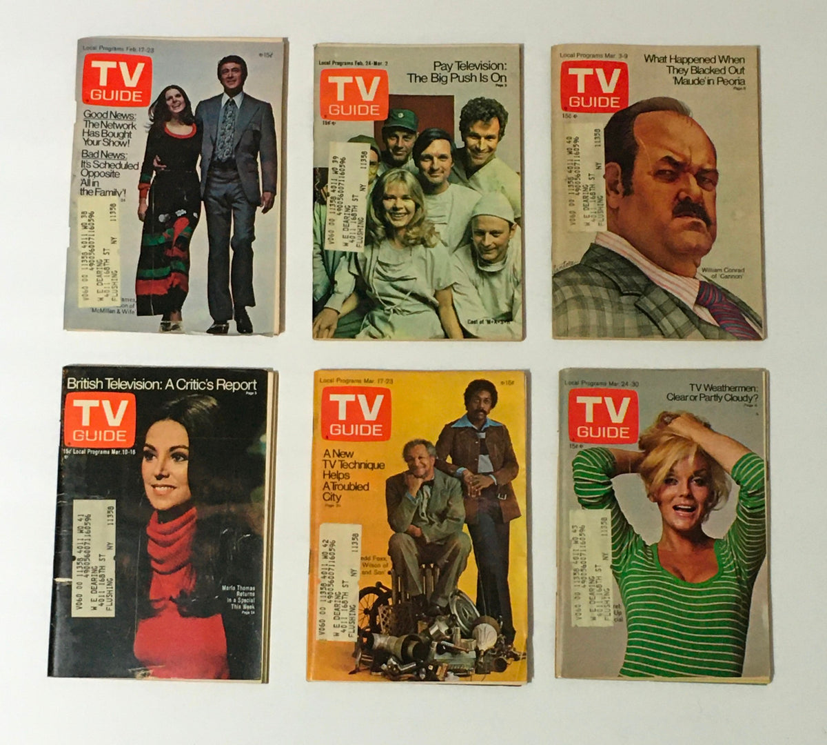 Complete Year Of TV Guide Magazines 1973 showcasing six covers including 'Good News: The Network Has Bought Your Show', 'Pay Television: The Big Push Is On', and 'British Television: A Critic's Report', highlighting vintage TV history with 53 issues.