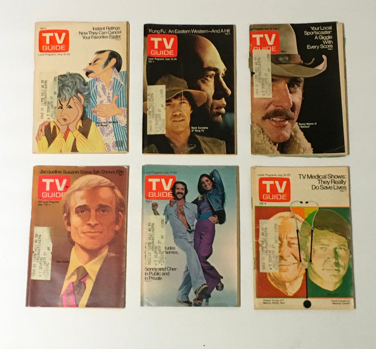 Six vintage TV Guide magazines from 1973 featuring various covers, including 'Kung Fu' and 'Sportscaster', highlighting a complete set of 53 issues, special issue fall preview.
