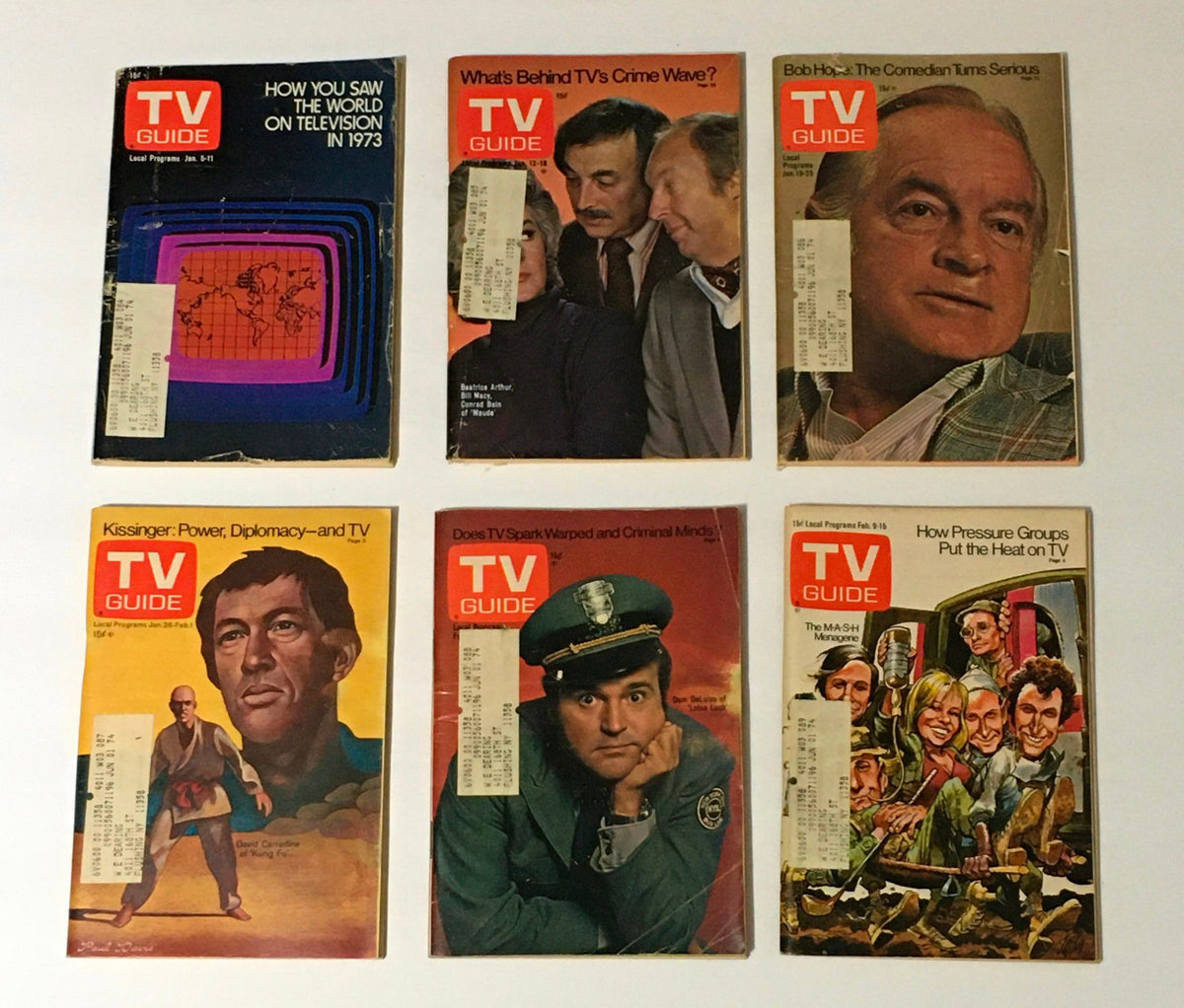 Complete Year Of TV Guide Magazines 1974 - Featuring covers from iconic issues, including episodes on TV crime waves, Bob Hope, and the M*A*S*H series.