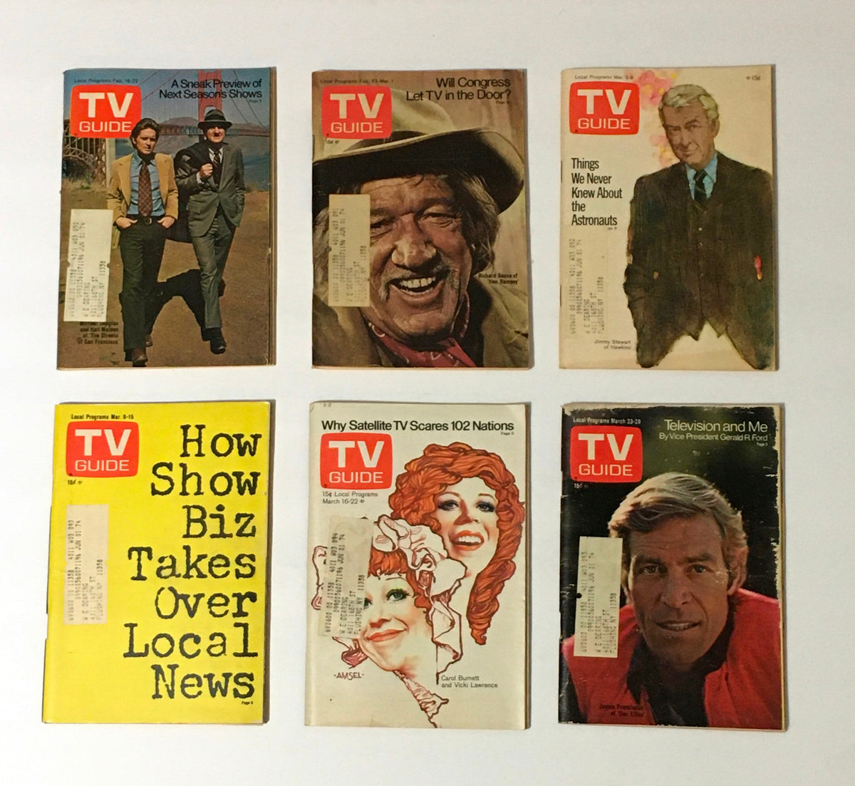 Complete Year Of TV Guide Magazines 1974 - A collection showcasing cover art from prominent issues discussing channel regulations and astronauts in television.
