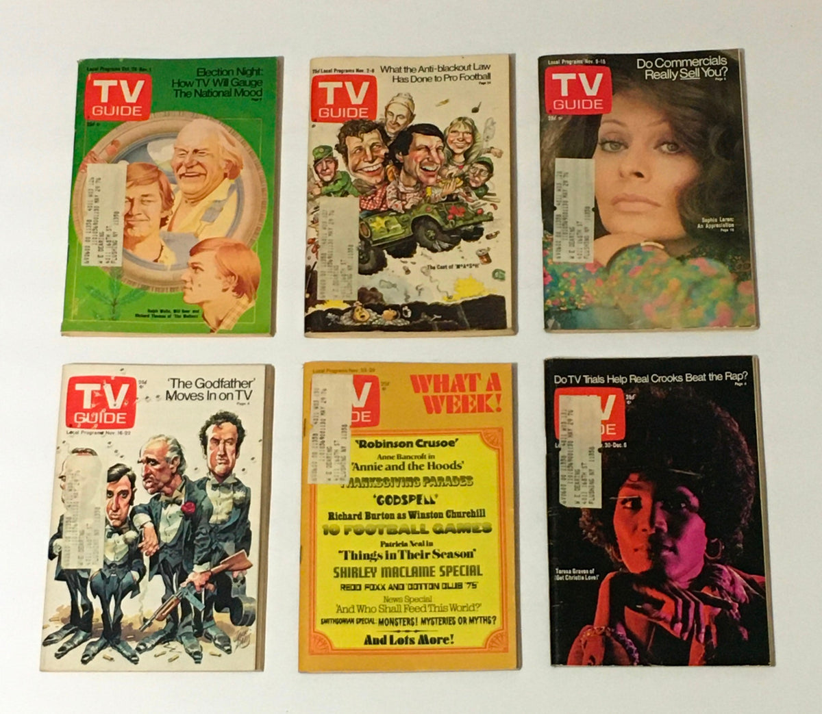 Complete Year of TV Guide Magazines 1974 - Six iconic issues discussing significant events in television, cultural shifts, and advertisements typical of the 1974 era.