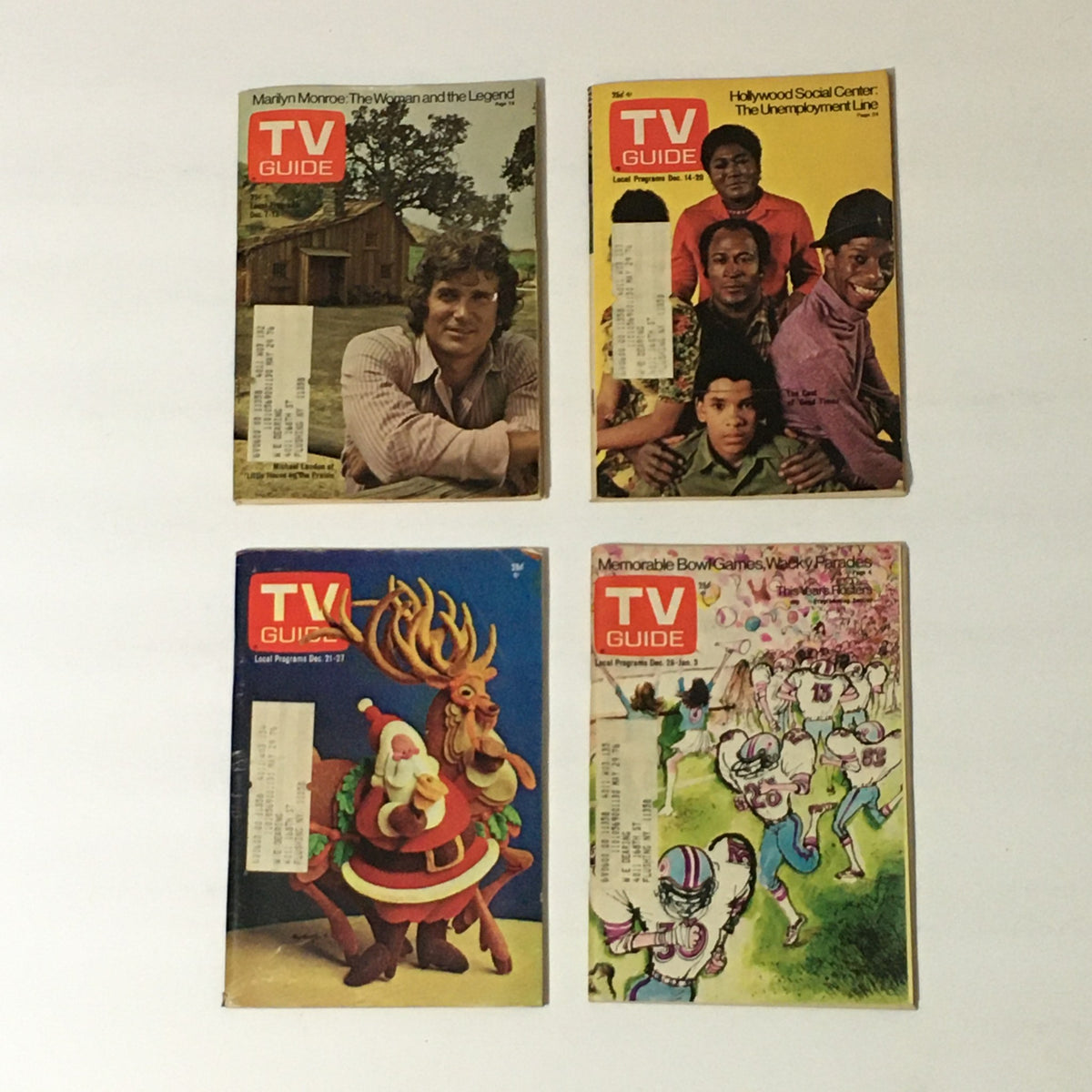 Complete Year of TV Guide Magazines 1974 featuring four iconic covers, including Marilyn Monroe, Hollywood Social Center, a Christmas-themed cover with Santa, and a sports illustration, showcasing the nostalgic essence of 1970s television.