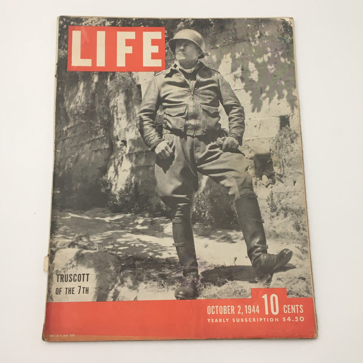 Cover of VTG Life Magazine from October 2, 1944 featuring General Lucian Truscott of the 7th Army, showcasing historical wartime photography and details.