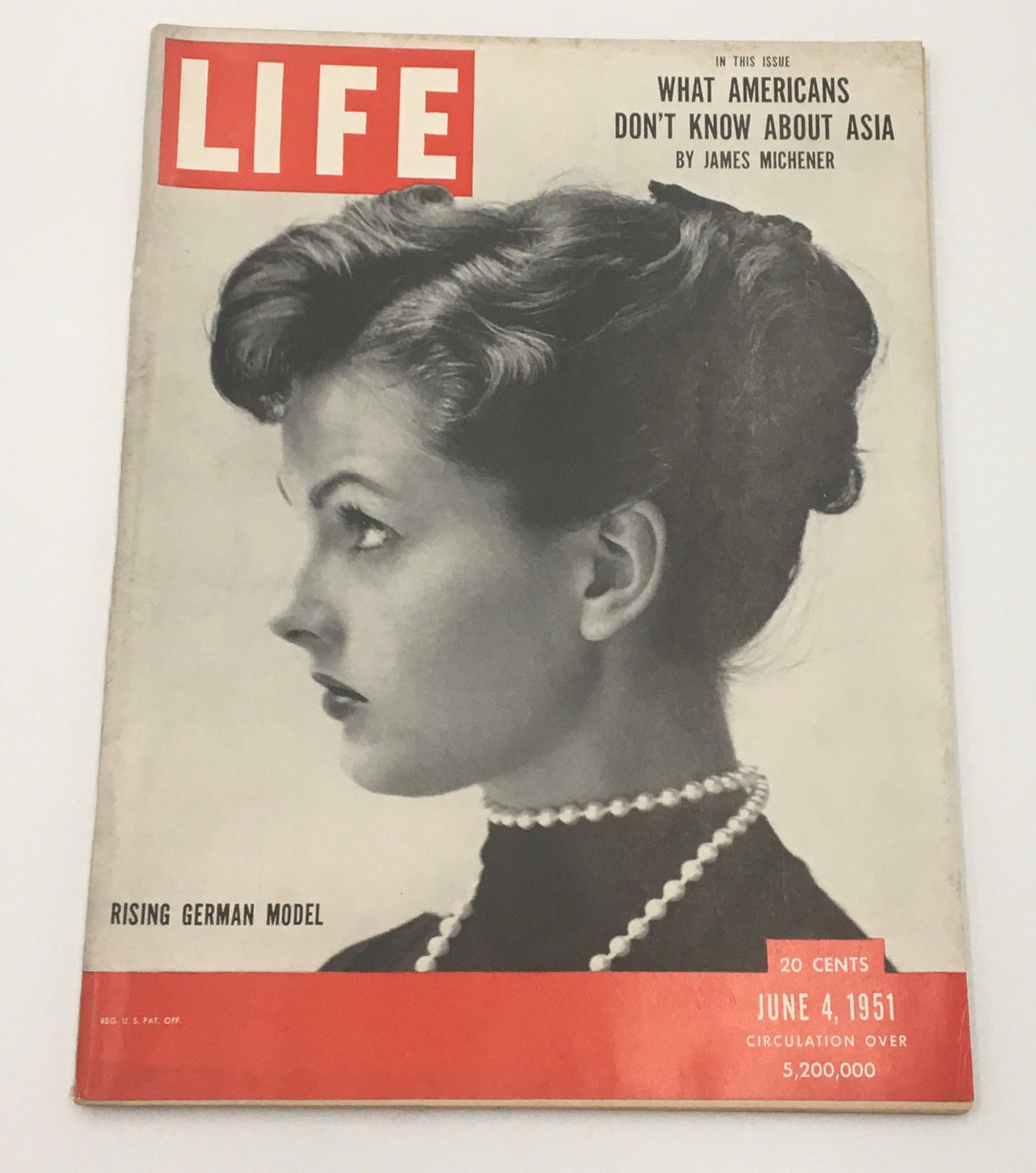 Cover of VTG Life Magazine from June 4, 1951, featuring a profile of a rising German model with stylish hair and pearls, highlighting mid-century fashion.