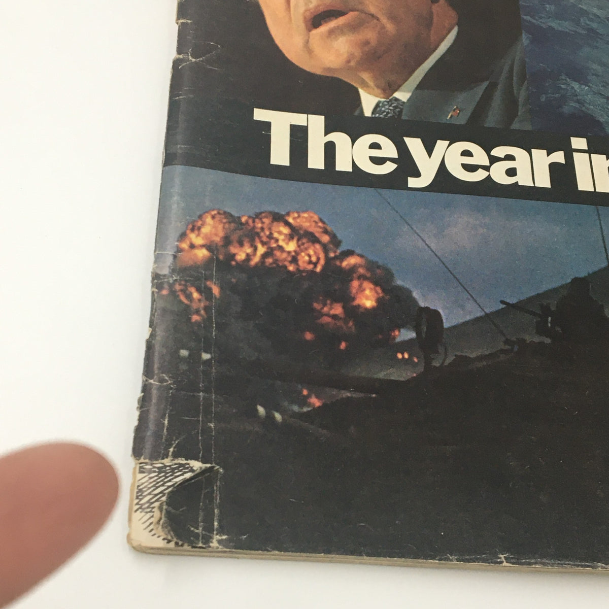 Close-up of the cover of VTG Life Magazine Special: The Year in Pictures of 1973 highlighting Richard Nixon and significant events of the year.