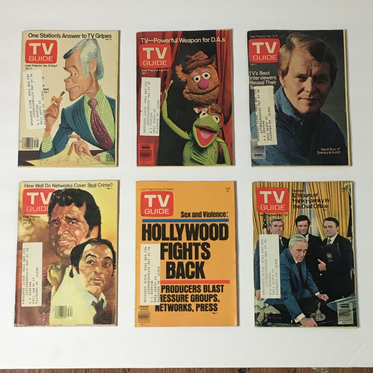 Distinctive covers of vintage TV Guide magazines from 1977, highlighting discussions about television's influence, as seen in 'Complete Year Of TV Guide Magazines 1977, 53 Issues: Special Issue Fall Preview'.