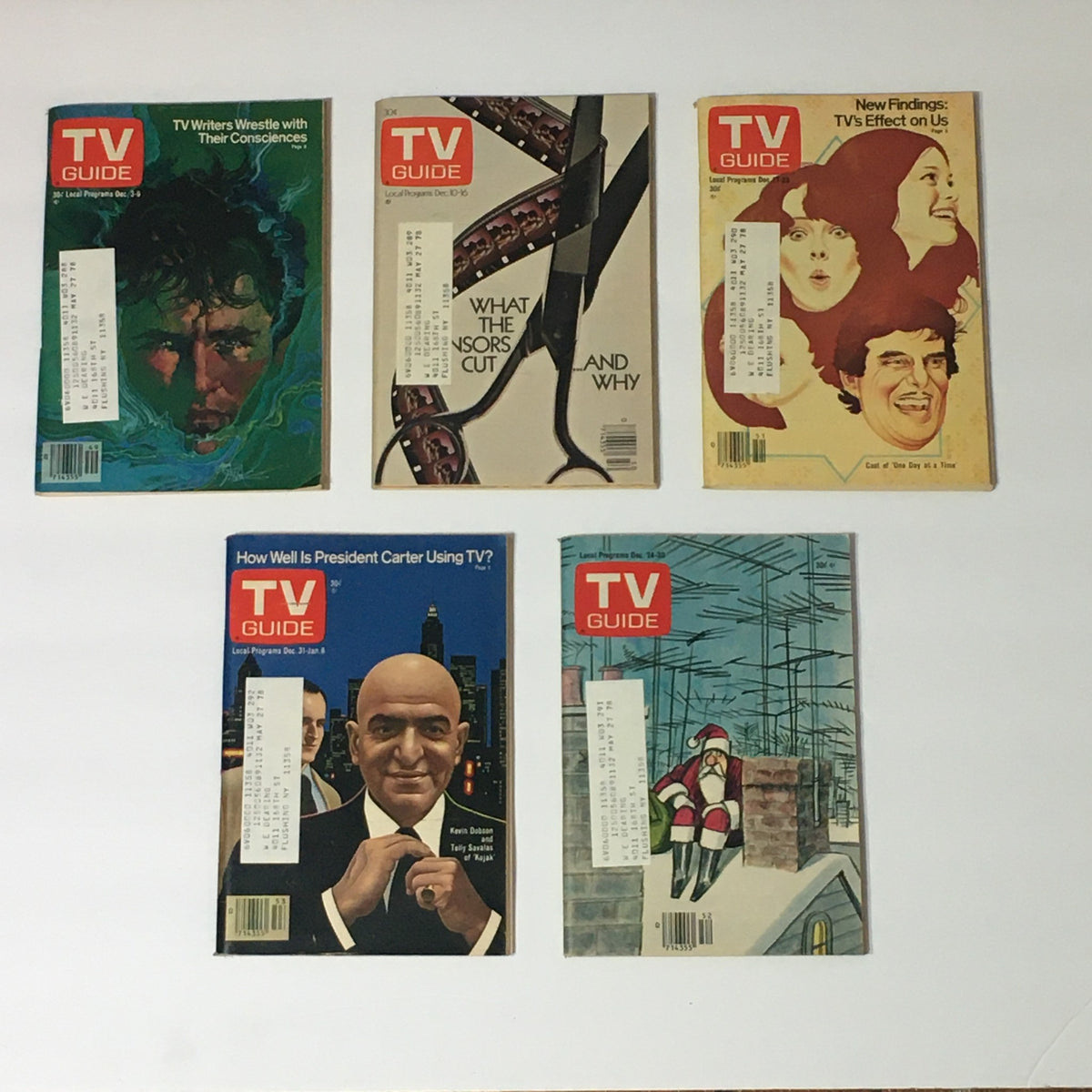 Selection of TV Guide magazines from 1977, displaying notable headlines and cultural commentary, part of 'Complete Year Of TV Guide Magazines 1977, 53 Issues: Special Issue Fall Preview'.