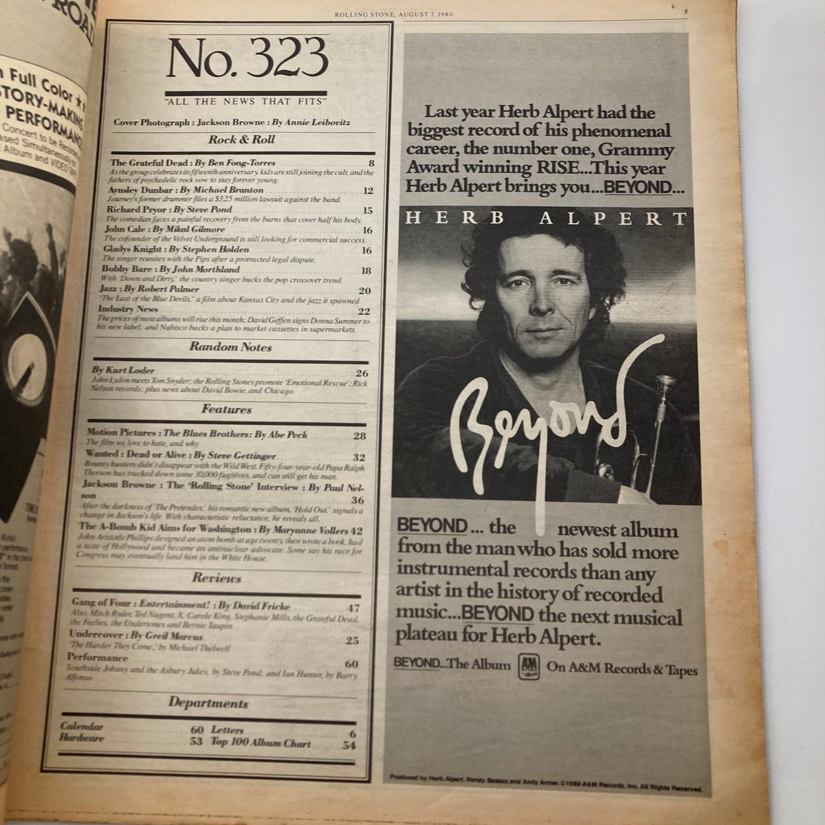 Interior page of VTG Rolling Stone Magazine August 7 1980 No. 323, showcasing the table of contents and notable feature articles including an interview with Jackson Browne.