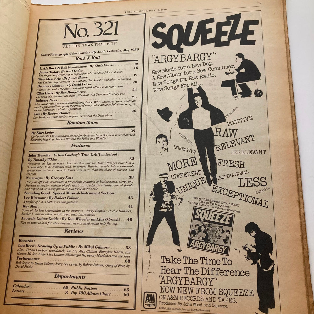 Inside page of VTG Rolling Stone Magazine, July 10, 1980, issue No. 321, showcasing the contents and features including an article on John Travolta titled 'Urban Cowboy's True-Grit Tenderfoot'.