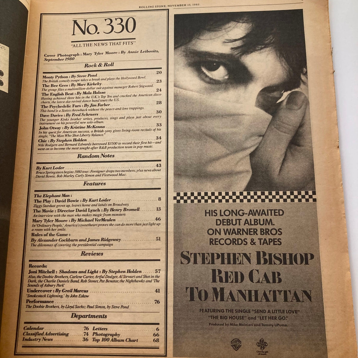 Inside page of VTG Rolling Stone Magazine November 13, 1980, Issue No. 330 displaying the table of contents and highlighting articles related to music and culture.