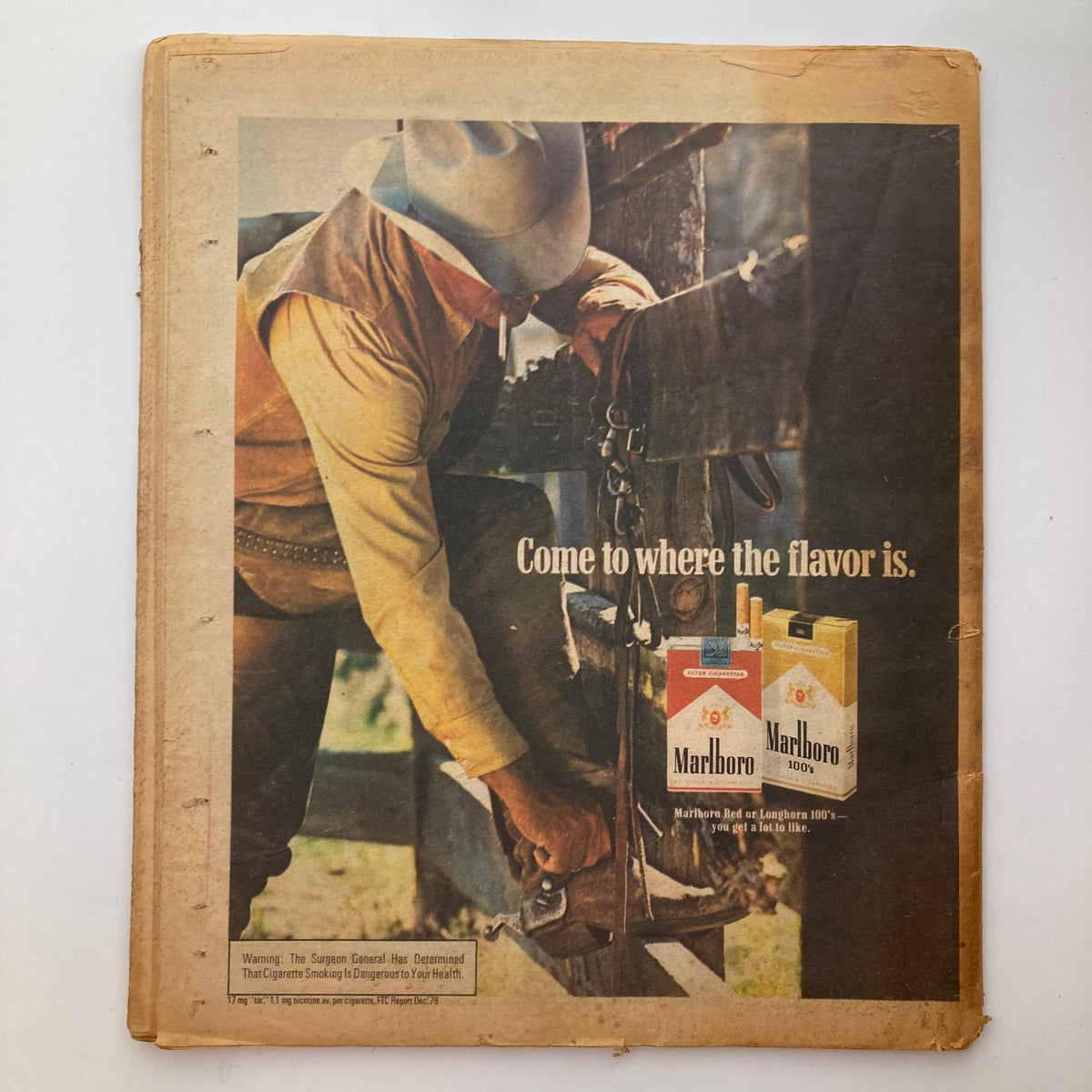Back cover of VTG Rolling Stone Magazine November 13, 1980, Issue No. 330 showing a vintage Marlboro advertisement with a cowboy and the tagline 'Come to where the flavor is.'