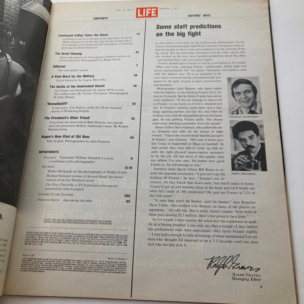 Interior page of the vintage Life Magazine from March 5, 1971, featuring contents and editorial note on the boxing match between Muhammad Ali and Joe Frazier II.