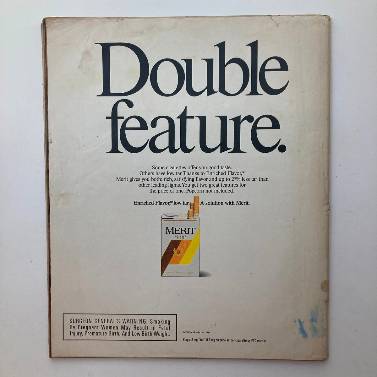 Back cover of VTG Life Magazine Spring 1989 Vol 12 No. 5 showcasing an advertisement for Merit cigarettes with a minimalist design.
