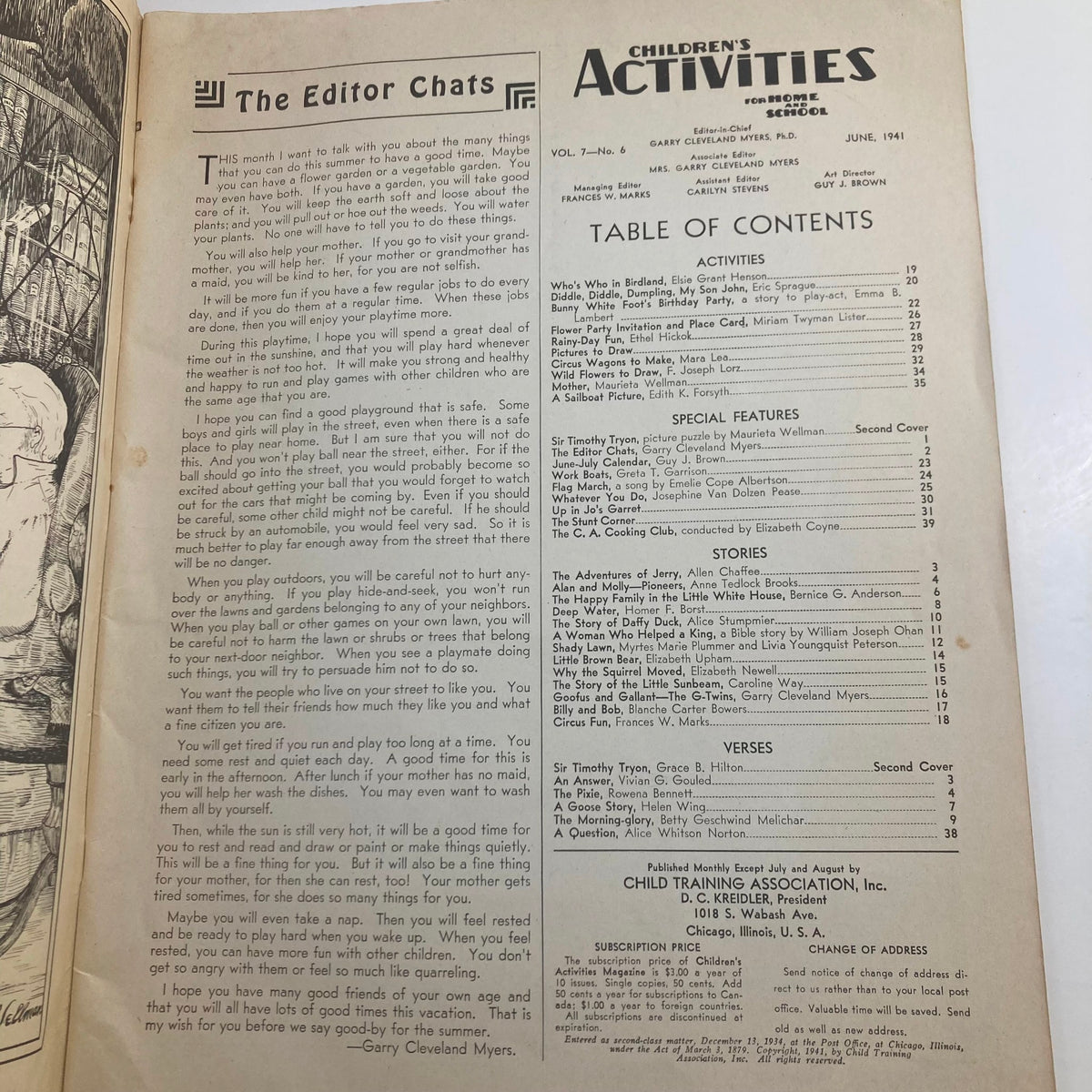 Children's Activities for Home and School June 1941 editorial page featuring 'The Editor Chats' section and table of contents discussing children's activities.