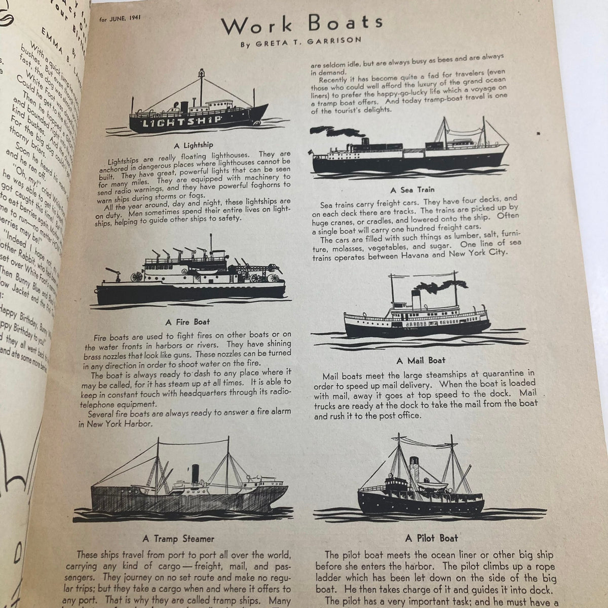 Children's Activities for Home and School June 1941 illustration of various work boats including lightships, fire boats, sea trains, and mail boats.