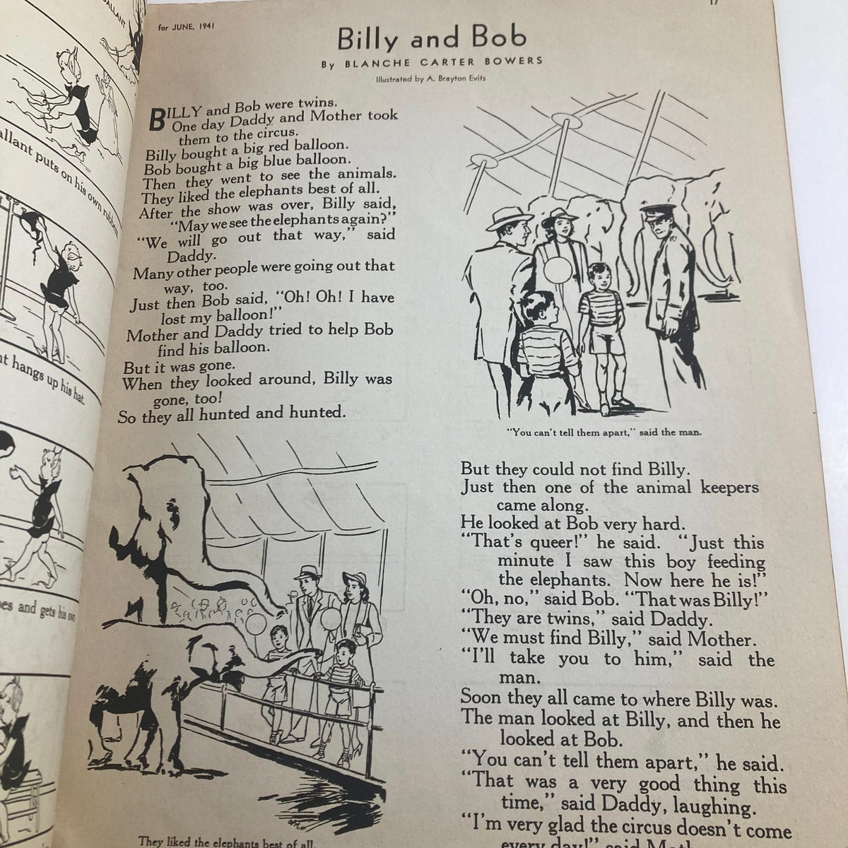 Children's Activities for Home and School June 1941 story page featuring the narrative of 'Billy and Bob' with illustrations depicting twin boys at the circus.