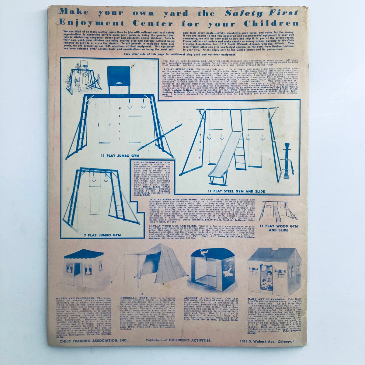 Children's Activities for Home and School June 1941 back cover featuring a safety first enjoyment center for children's play equipment designs.