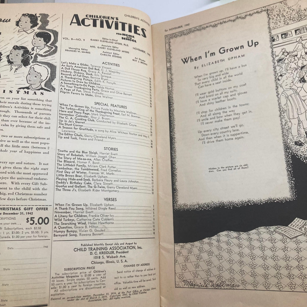 Inside page of Children's Activities for Home and School, November 1942, displaying contents and special features including stories and verses for children.