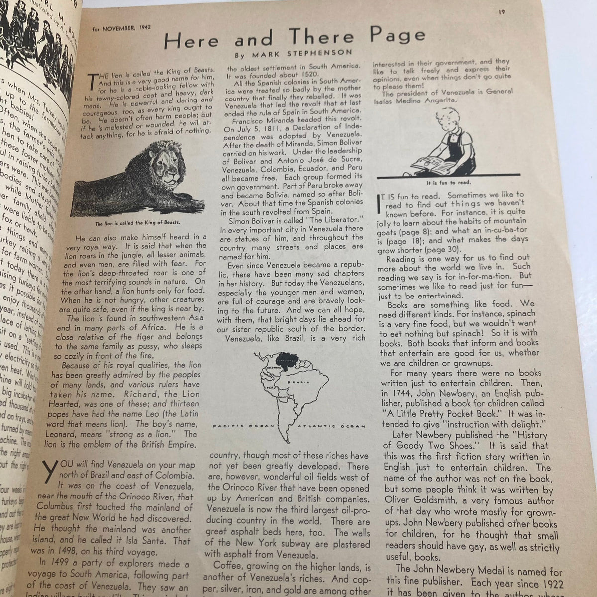 Page titled 'Here and There Page' from Children's Activities for Home and School, November 1942, highlighting educational content about global geography with illustrations.