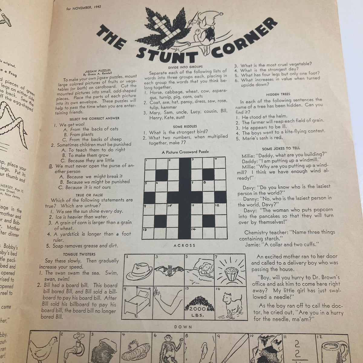 Page titled 'The Stunt Corner' from Children's Activities for Home and School, November 1942, featuring puzzles and interactive activities for children's engagement.