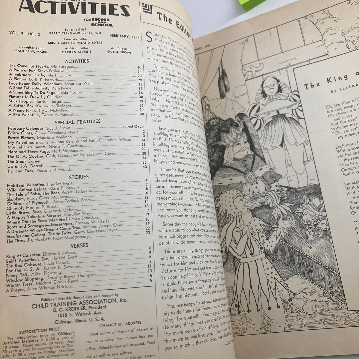 Interior page of 'Children's Activities for Home and School February 1943' displaying the table of contents and editorial section, highlighting the creative and educational content for children.