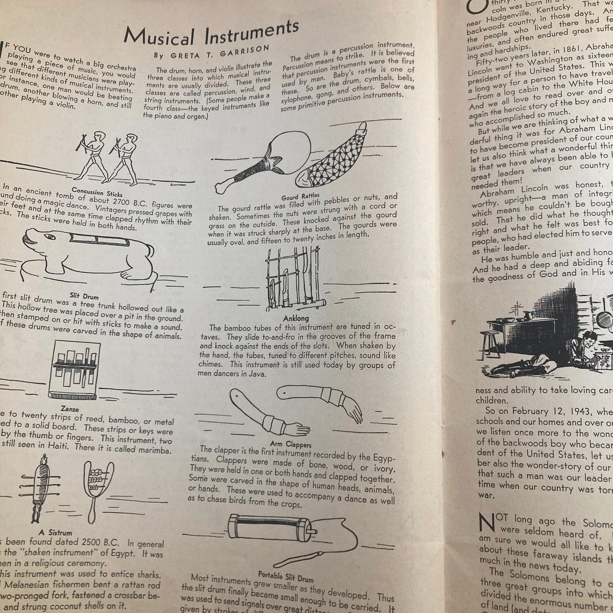 Page displaying musical instruments from 'Children's Activities for Home and School February 1943,' outlining various traditional instruments and their usage in a playful context.