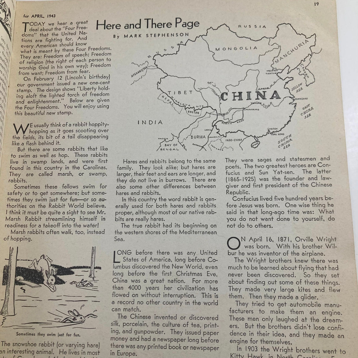 Page from Children's Activities for Home and School April 1943 titled 'Here and There Page', featuring an illustrated map and text discussing rabbits and global regions, enhancing children's educational experience.