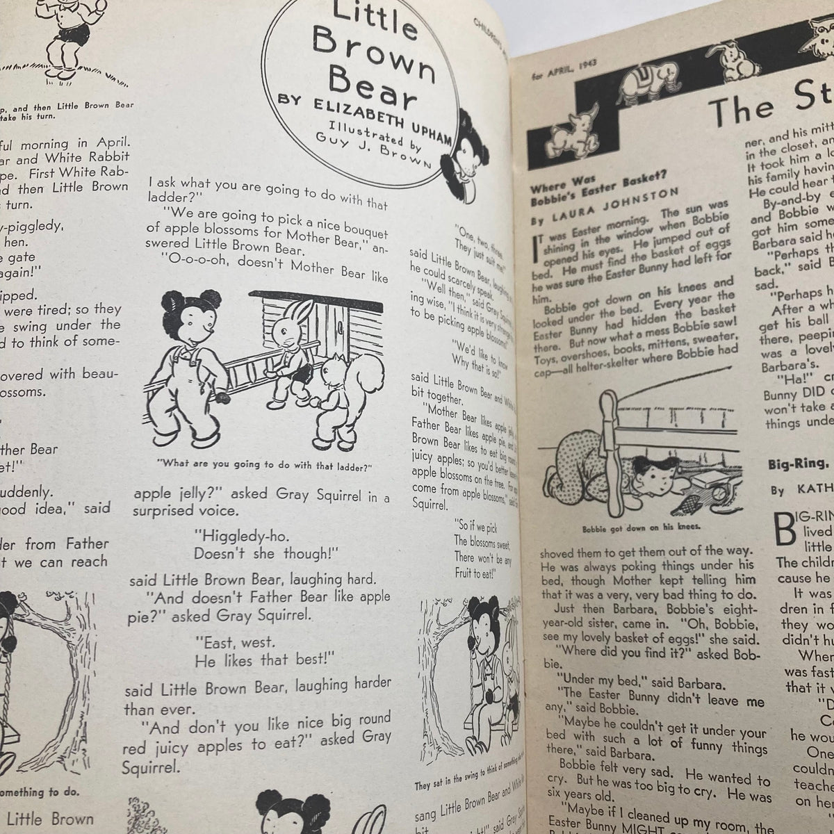 Children's Activities for Home and School April 1943 - Illustration from Little Brown Bear story featuring characters engaging in playful activities.