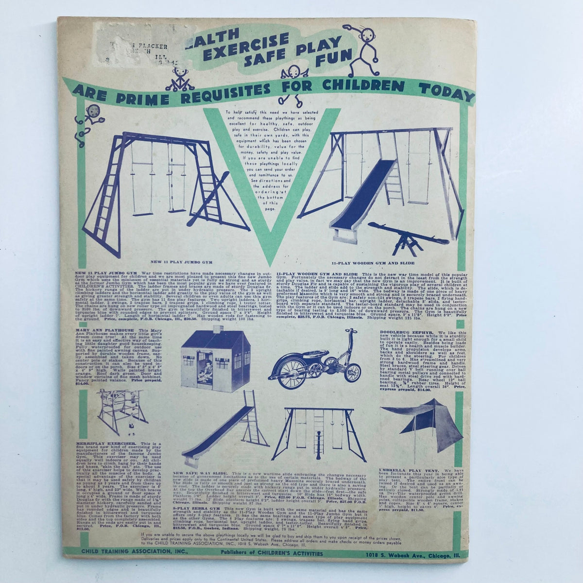 Children's Activities for Home and School April 1943 - Back cover showcasing playground equipment including swings, slides, and children’s outdoor play accessories.
