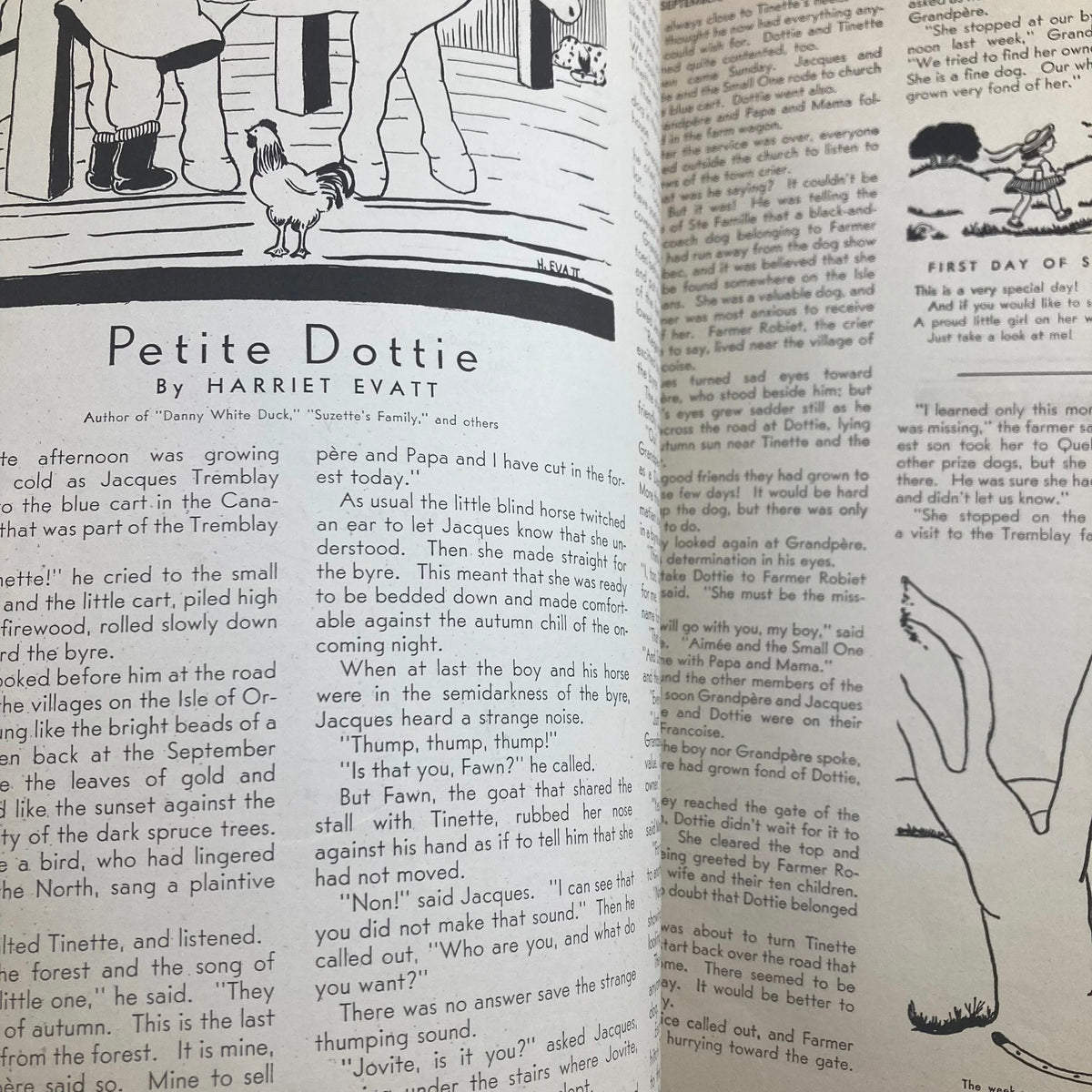 Children's Activities for Home and School September 1943 Stunt Corner: A page featuring an illustrated story of 'Petite Dottie', highlighting themes of childhood adventure and imagination.