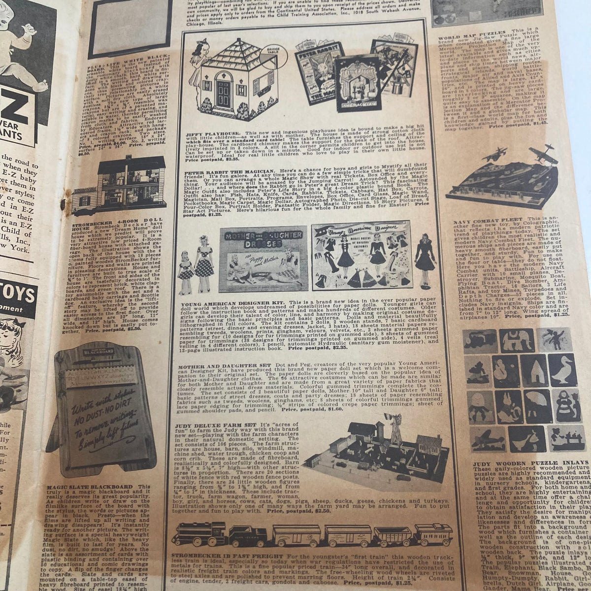 Children's Activities for Home and School September 1943 Stunt Corner: An advertisement page showcasing various vintage toys and games, perfect for enhancing children's creativity and learning.