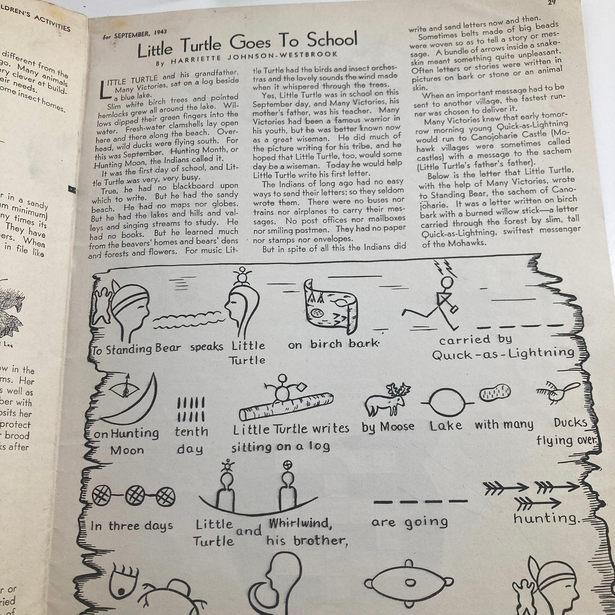 Children's Activities for Home and School September 1943 Stunt Corner: An illustrated story titled 'Little Turtle Goes to School', focusing on childhood experiences and education.