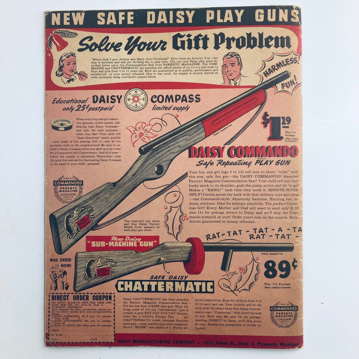 Cover page of 'Children's Activities for Home and School November 1943' featuring vintage advertisement for Daisy play guns, highlighting safe and educational play options for children.