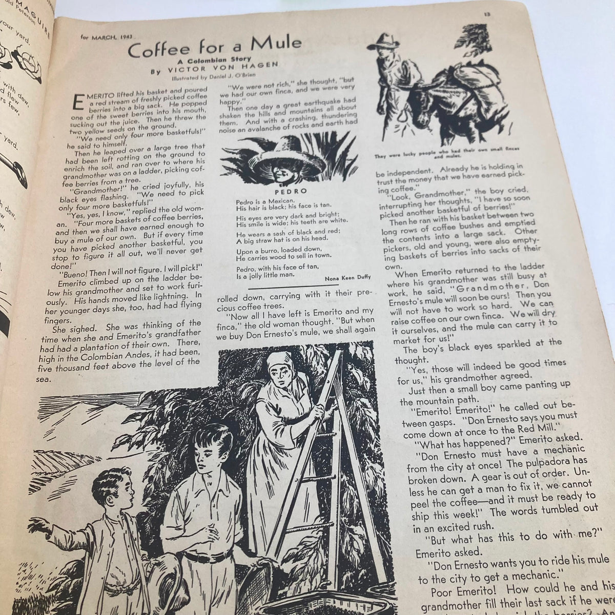 Illustration from 'Children's Activities for Home and School March 1943 Fish Pond Game' depicting a narrative scene with children and mules in a playful story, showcasing vintage artwork.