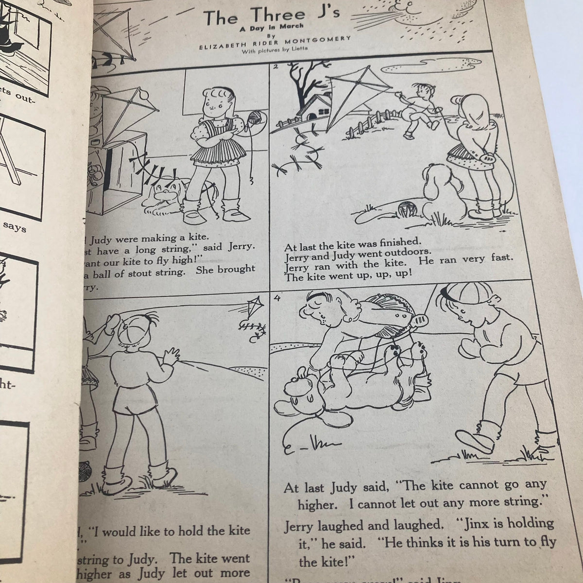 Comic strip from 'Children's Activities for Home and School March 1943 Fish Pond Game' featuring children Jerry and Judy, showcasing their outdoor adventures with a kite and a dog, illustrated in charming vintage style.