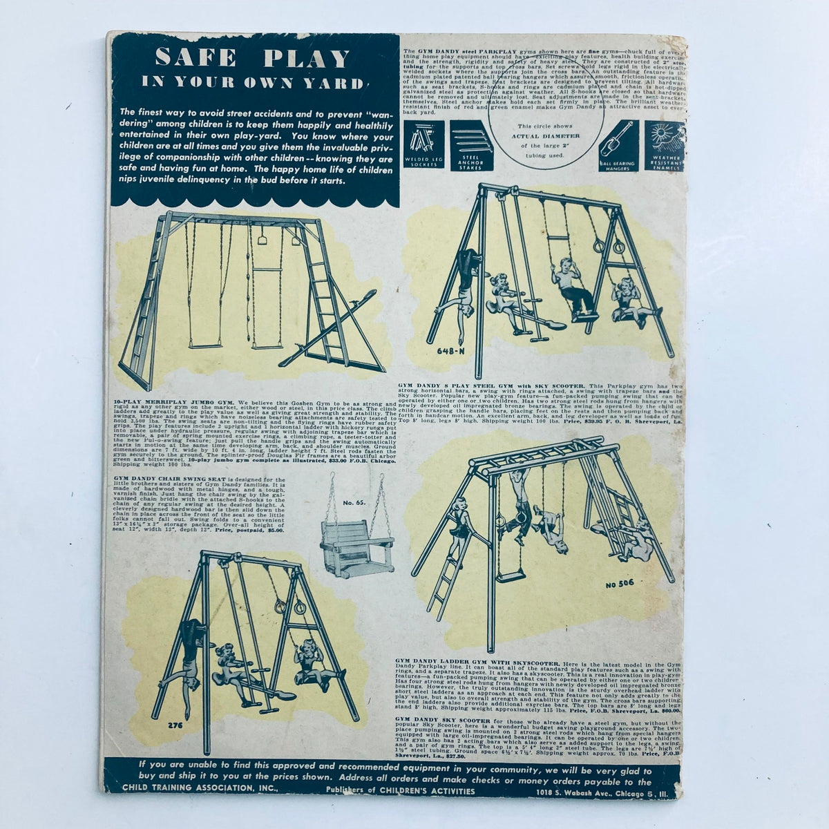 Children's Activities for Home and School May 1951 issue back cover featuring safe play equipment illustrations and safety guidelines for children in the yard.
