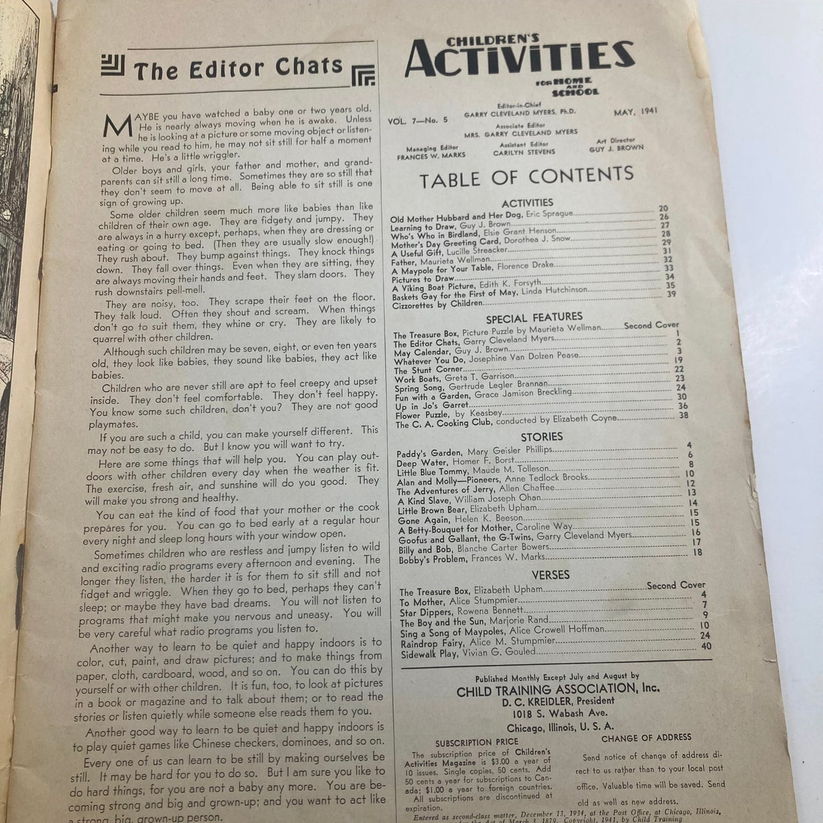 Inside page of Children's Activities for Home and School May 1941 with editorial content, discussing children’s behaviors, activities, and educational insights.