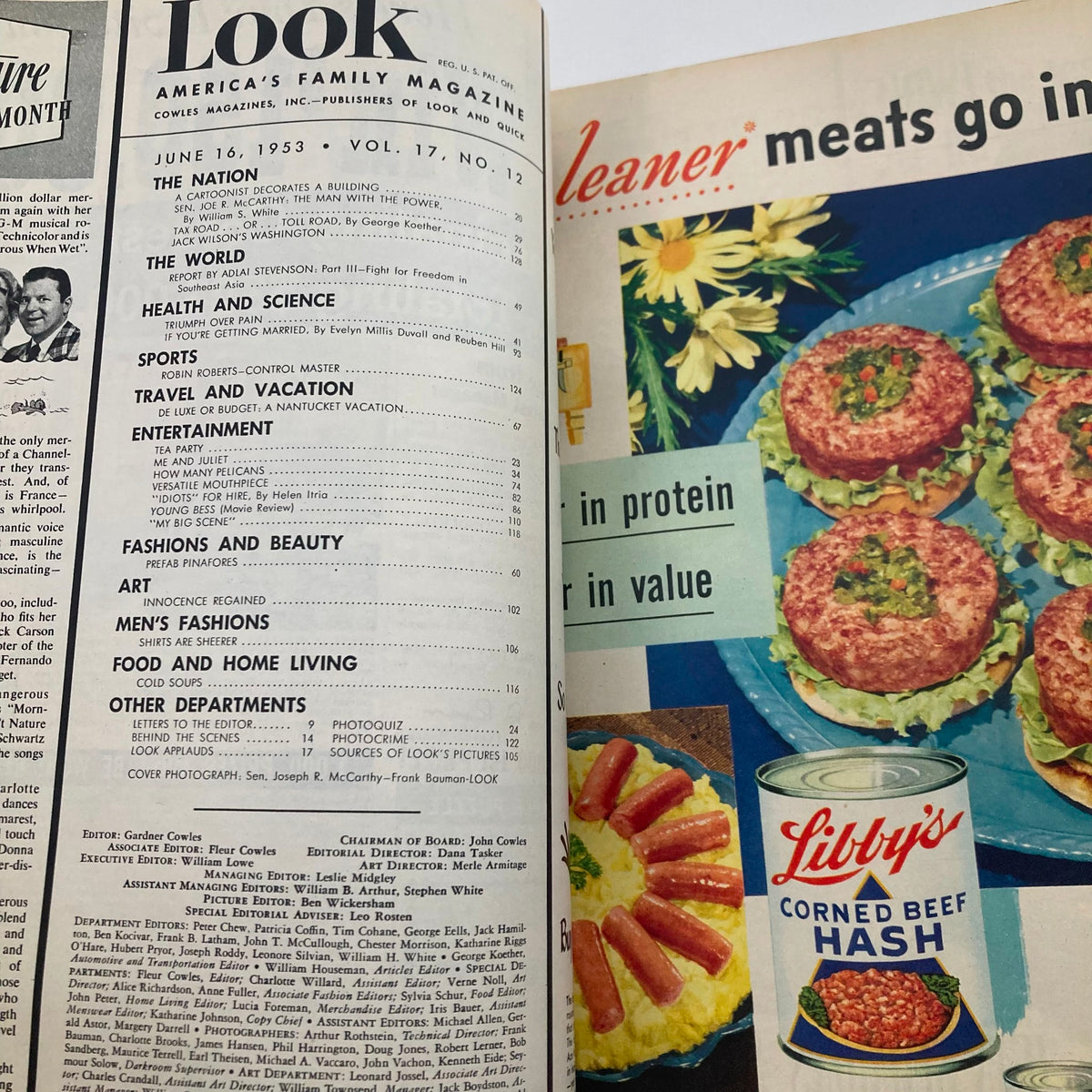 Interior page from VTG Look Magazine June 16, 1953 Vol 17 No 12, displaying the table of contents and advertisements, reflecting mid-20th century American culture and lifestyle.