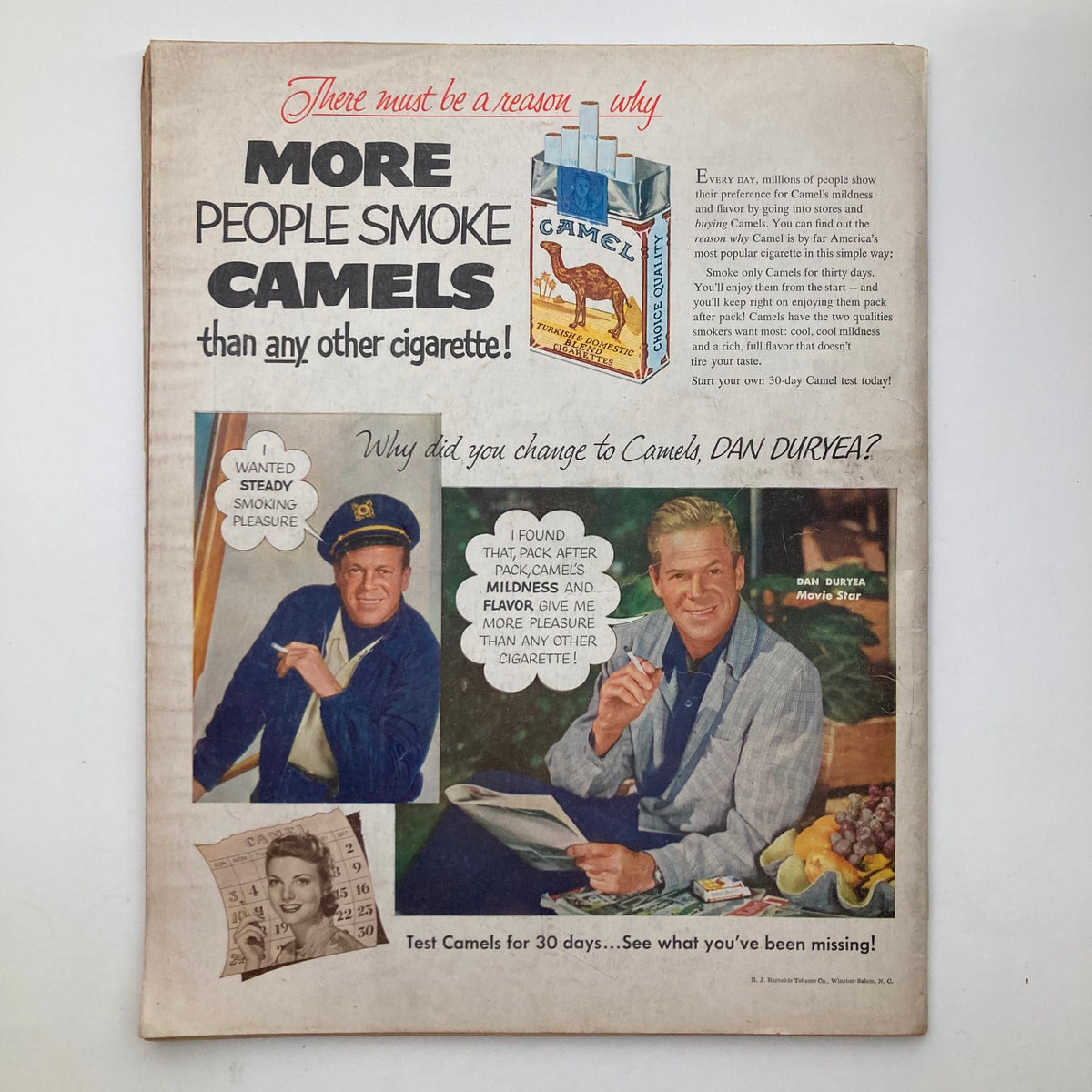Vintage Look Magazine from June 16, 1953, featuring an advertisement for Camel cigarettes showcasing movie star Dan Duryea and emphasizing the brand's mildness and flavor. This magazine symbolizes mid-20th century advertising culture.