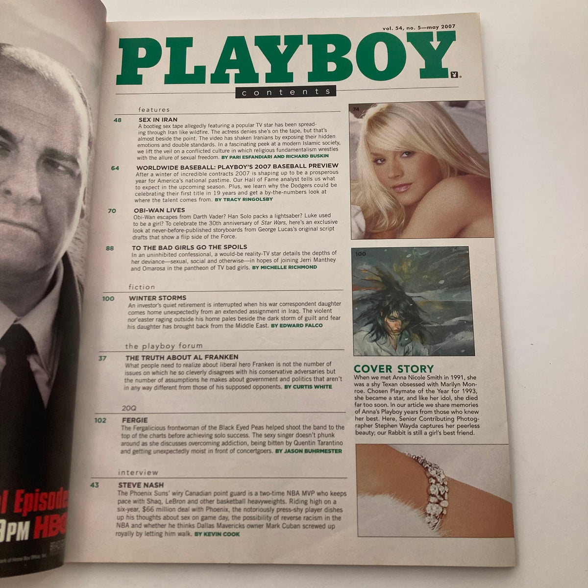 Contents page of Playboy Magazine May 2007 Vol 54 No. 5 with features including Anna Nicole Smith and articles highlight.