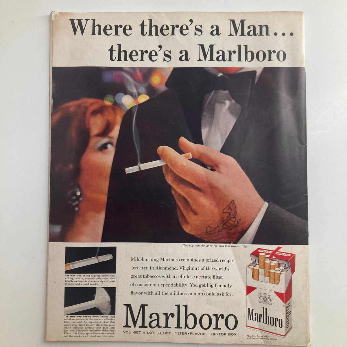 Advertisement from The Saturday Evening Post Magazine dated March 8, 1958, promoting Marlboro cigarettes with the tagline 'Where there's a Man... there's a Marlboro'.
