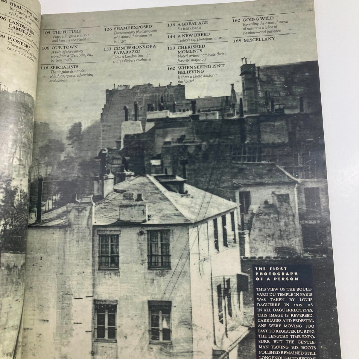 Page from VTG Life Magazine Fall 1988 Vol 11 #10 Pictures That Made a Difference, featuring historical photography and articles, showcasing the first photograph of a person taken by Louis Daguerre in 1899.