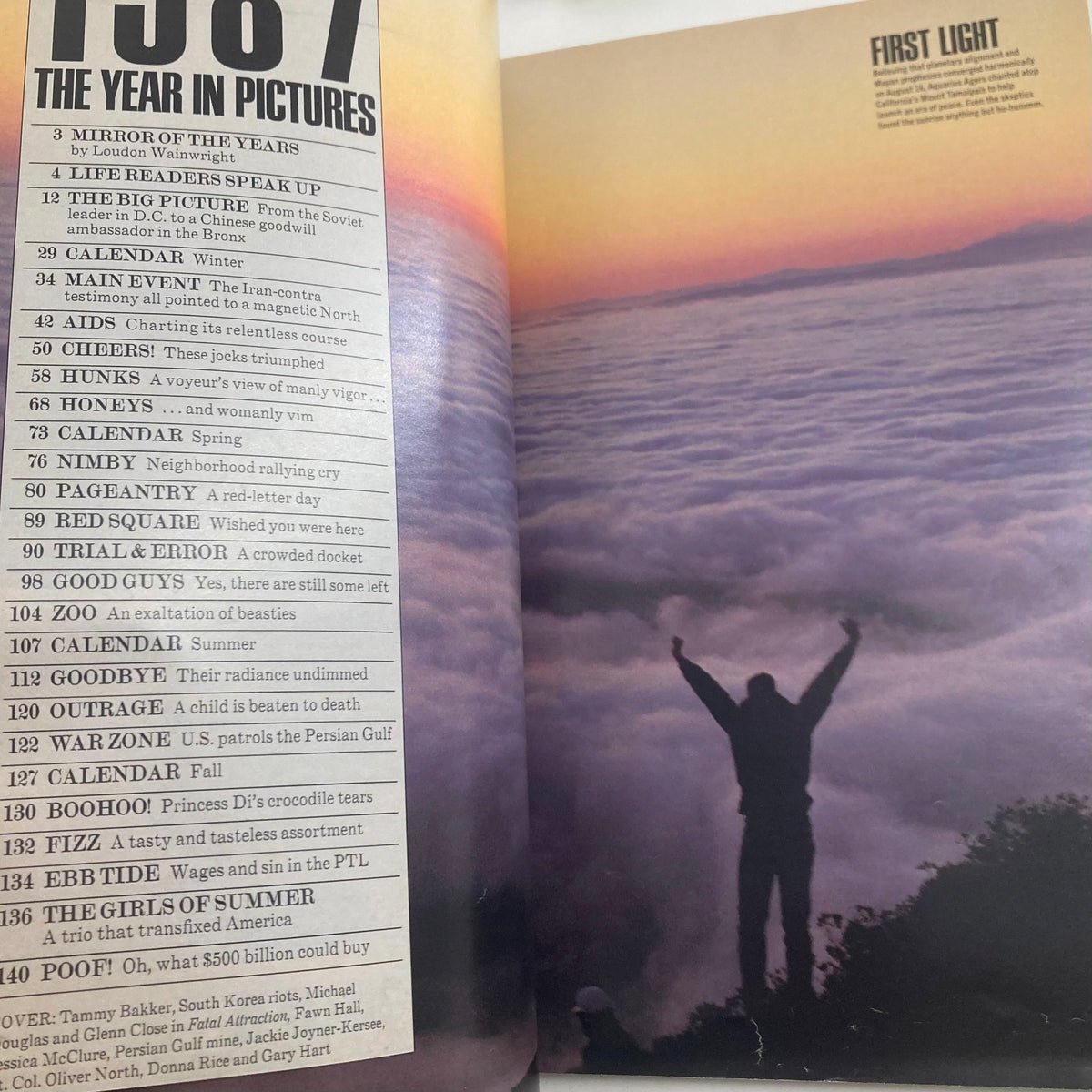 Inside page of VTG Life Magazine January 1988 displaying the contents list for 'The Year in Pictures of The Year 1987', highlighting significant events with a striking silhouette image against a colorful sunset.