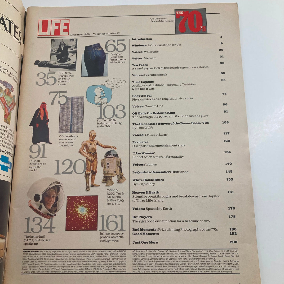 Inside page of VTG Life Magazine December 1979 Vol 2 No. 12, displaying the table of contents for 'The Decade in Pictures The 70's', showcasing key articles and features related to the 1970s.