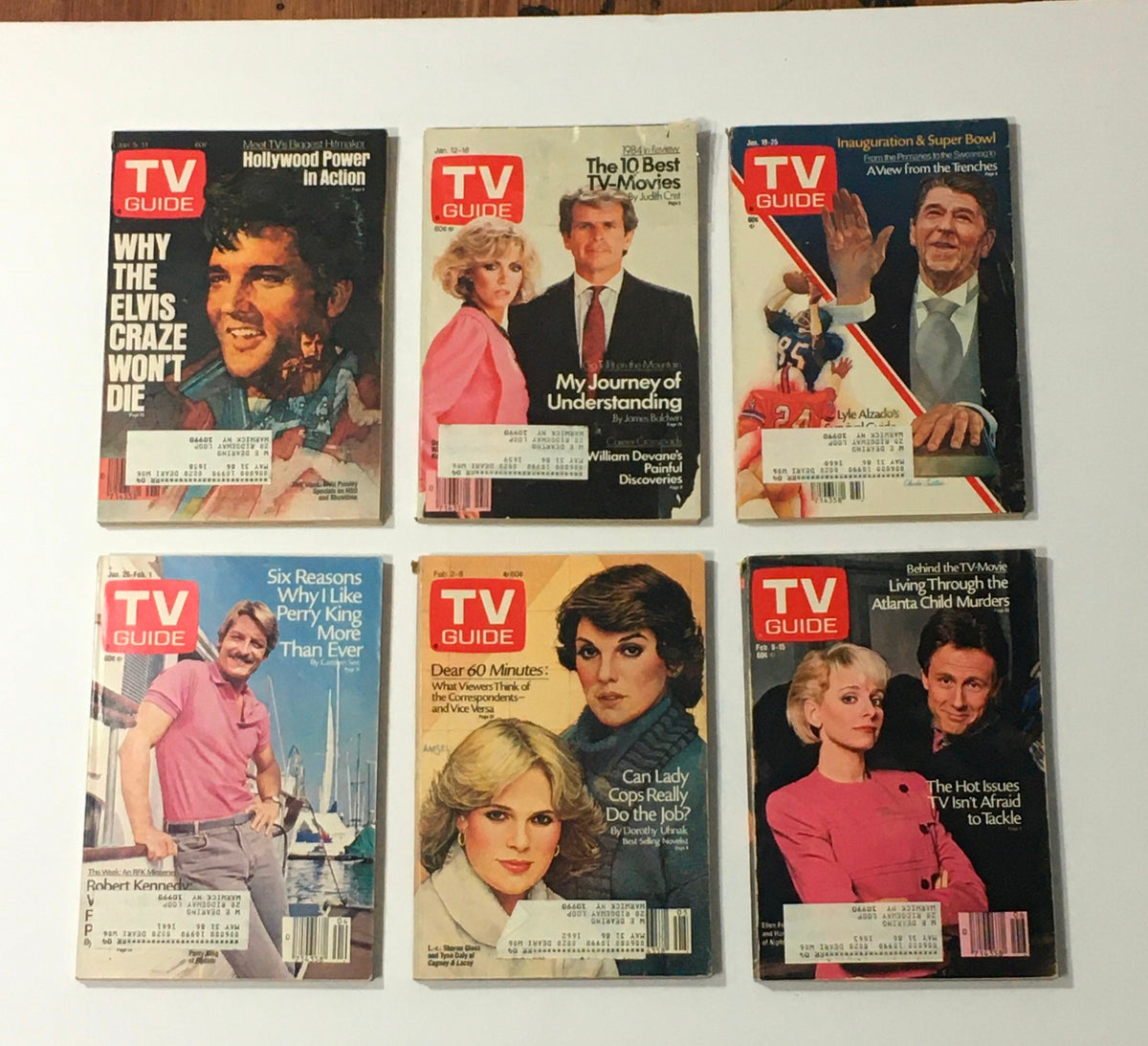 TV Guide magazine covers from 1985, showcasing notable features such as Elvis Presley, a Super Bowl preview, and classic TV shows. Part of 'Complete Year Of TV Guide Magazines 1985, 52 Issues: Special Issue Fall Preview' collection.