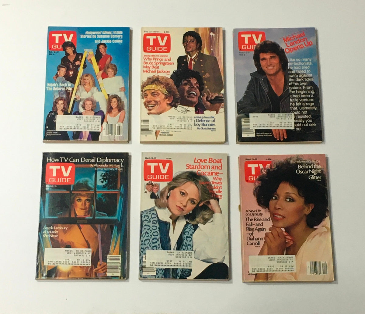 Vintage TV Guide magazine covers from 1985, including stories on Michael Jackson and Angela Lansbury, capturing key television moments. Featured in 'Complete Year Of TV Guide Magazines 1985, 52 Issues: Special Issue Fall Preview' collection.