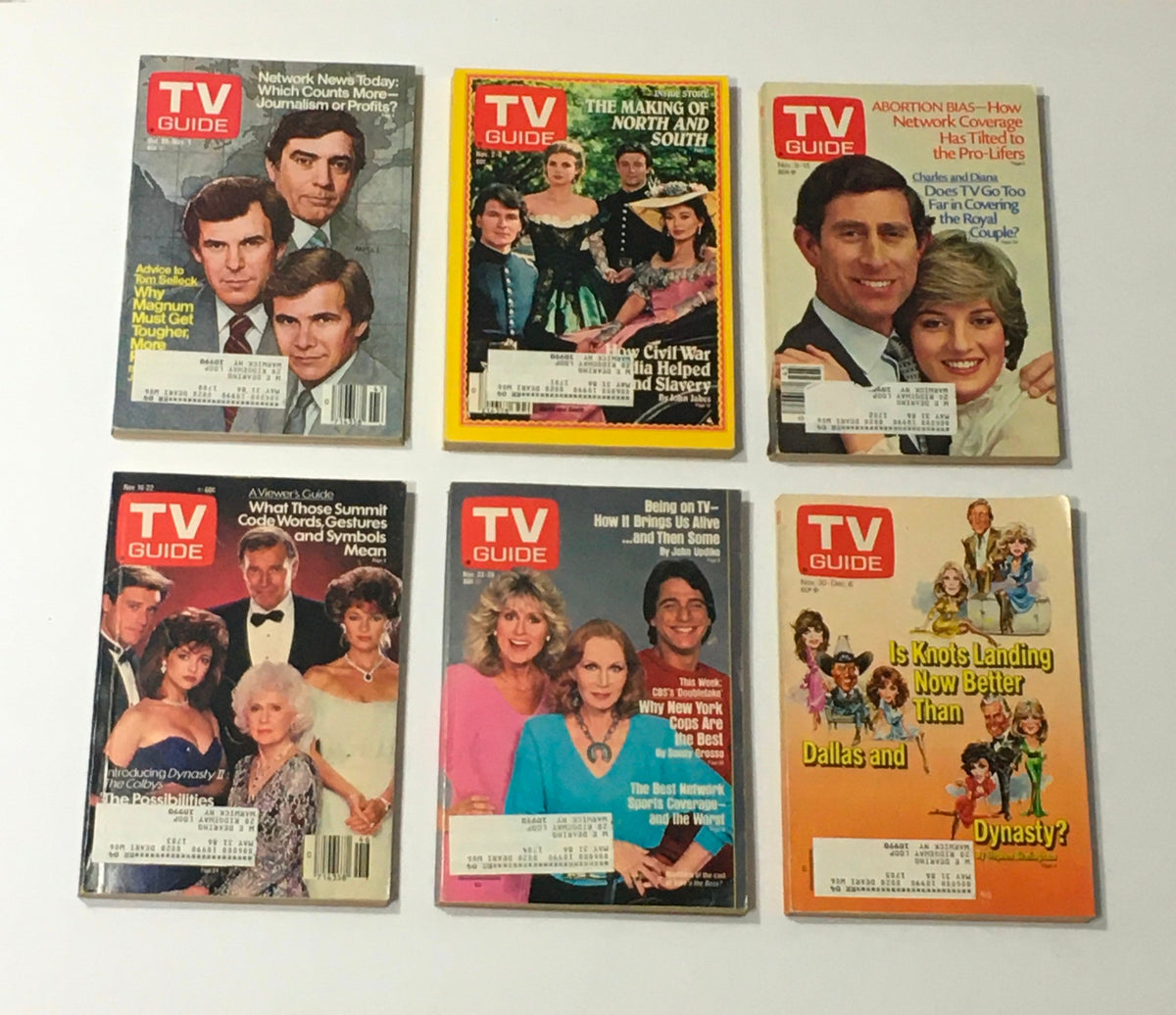 Complete Year Of TV Guide Magazines 1985, featuring six vintage magazine covers showcasing popular TV shows from the year including 'The Making of North and South' and notable personalities like Princess Diana and Charles.